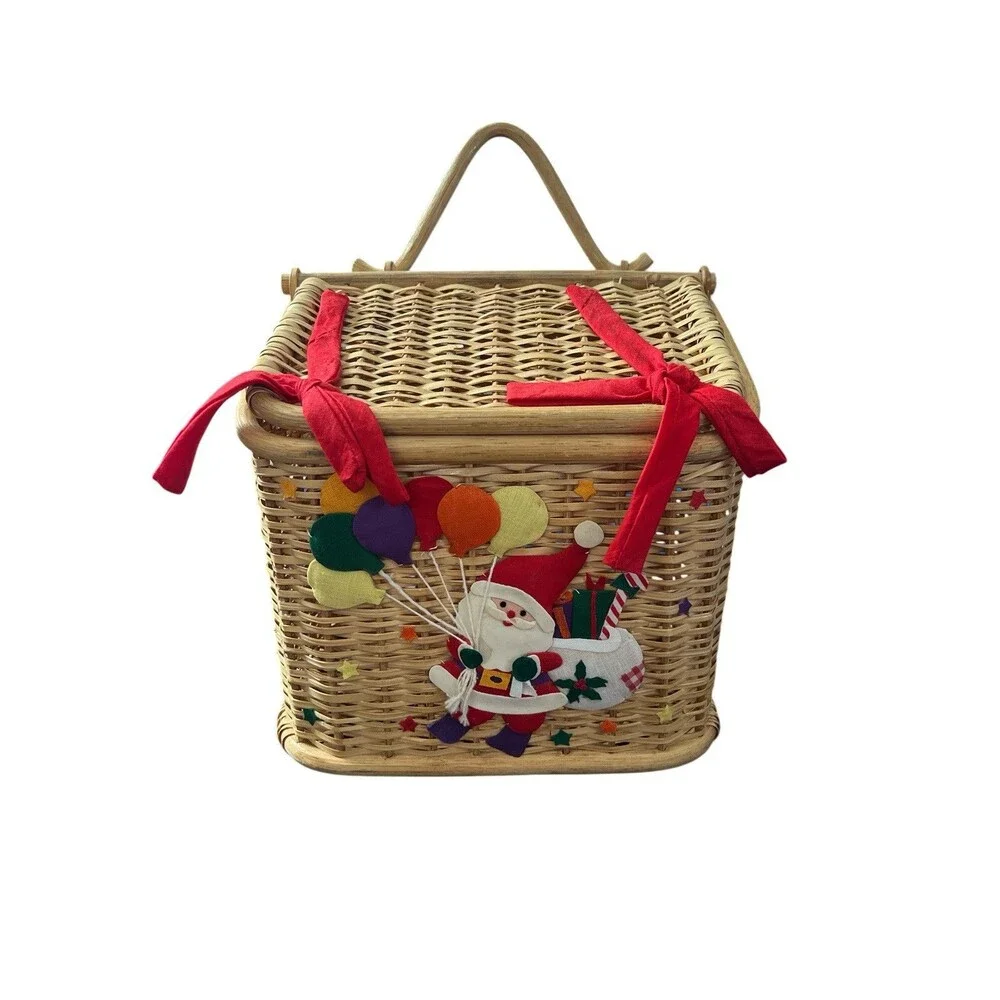 Vtg Santa Wicker Basket Unisex OS Tan Holiday Applique Balloons